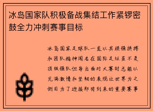 冰岛国家队积极备战集结工作紧锣密鼓全力冲刺赛事目标